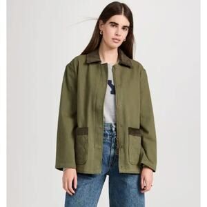 Wyeth Jacey Barn Jacket Chore Coat Army Green Corduroy Trim Full Zip Size Large